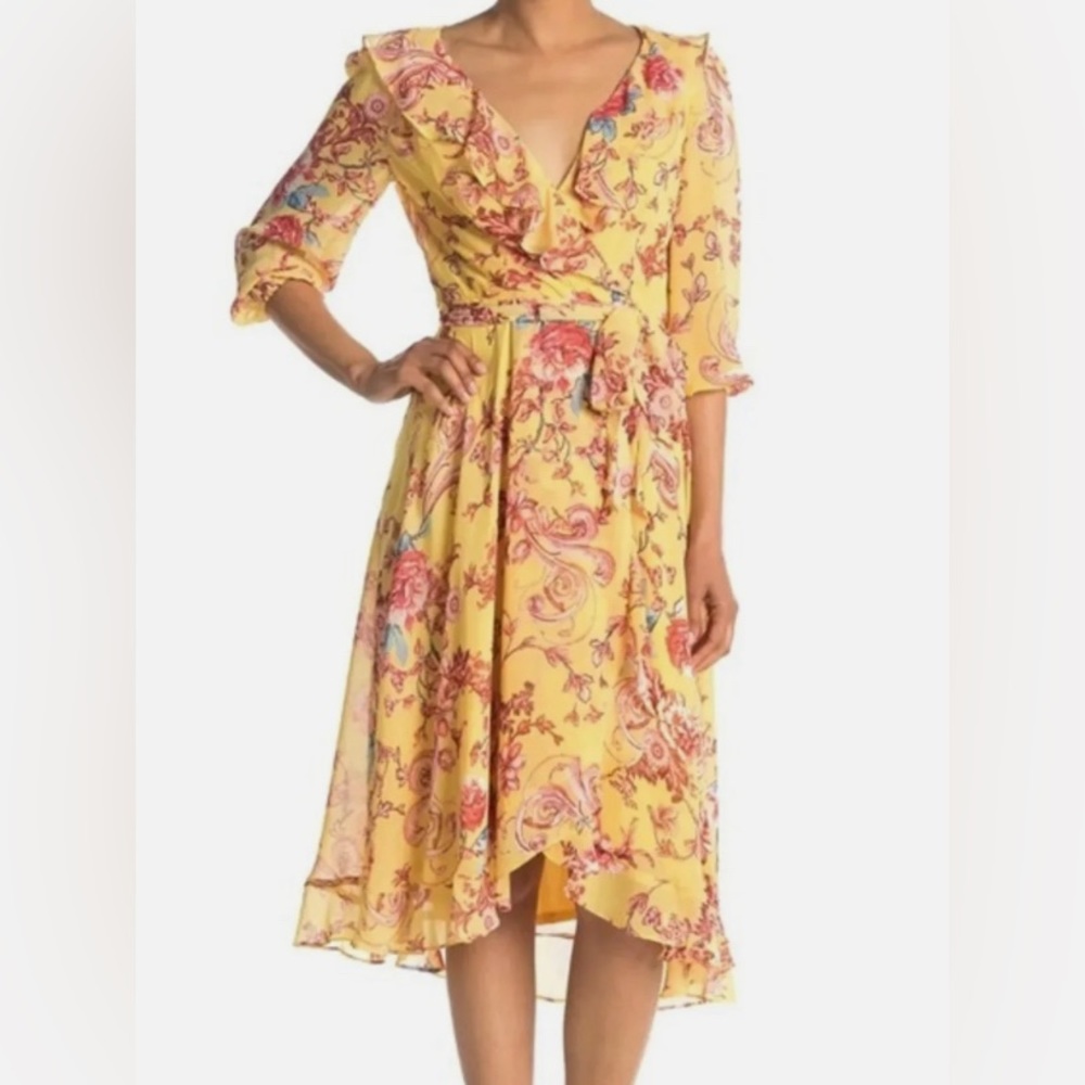 NWT Gabby Skye Chiffon Wrap Yellow Floral MIDI Ruffled Dress Size 10